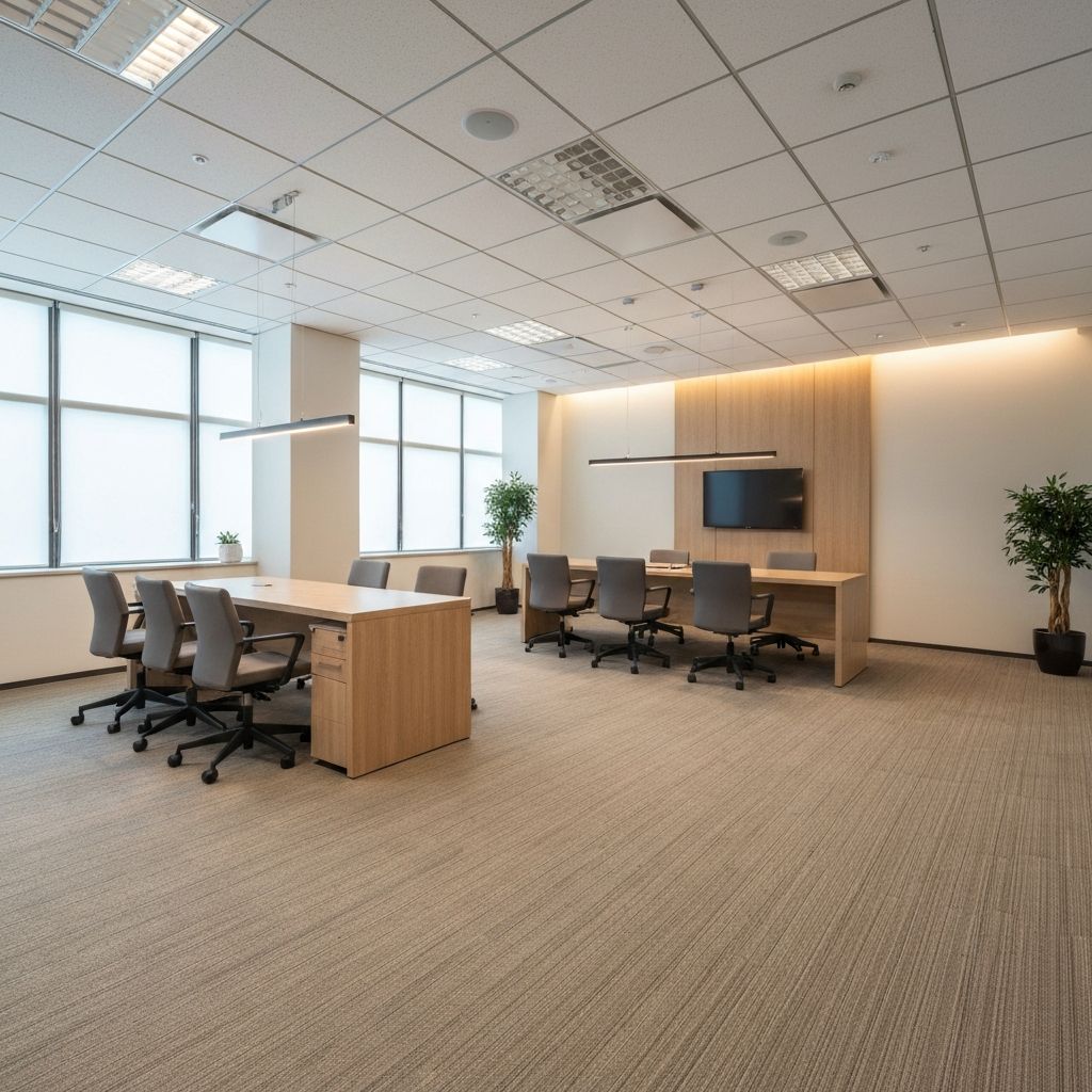 Moderno espacio de oficina de consultoría financiera con sala de reuniones equipada con tecnología de videoconferencia y pantallas para presentaciones