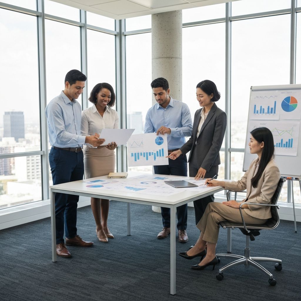 Profesionales de family office analizando dashboards de KPIs en pantallas modernas en una oficina contemporánea con ambiente de trabajo colaborativo