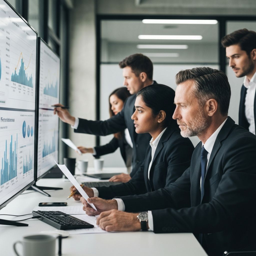 Vista de múltiples pantallas mostrando dashboards de KPIs, gráficos de rendimiento y tablas de datos en una configuración de estación de trabajo profesional