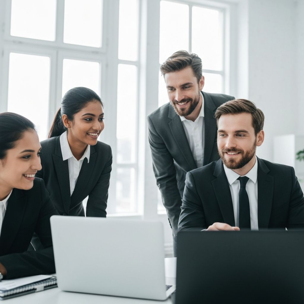 Consultor presentando análisis de KPIs en reunión con ejecutivos de family office mostrando gráficos y métricas de rendimiento en pantalla grande